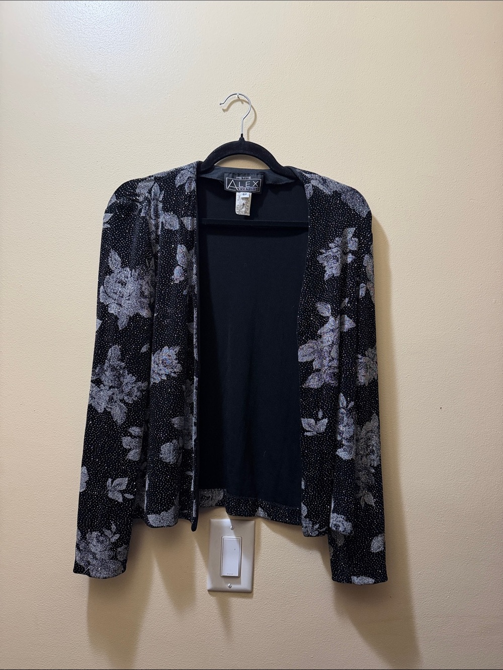 Alex Evenings Black Cardigan with Gray Floral Print vintage